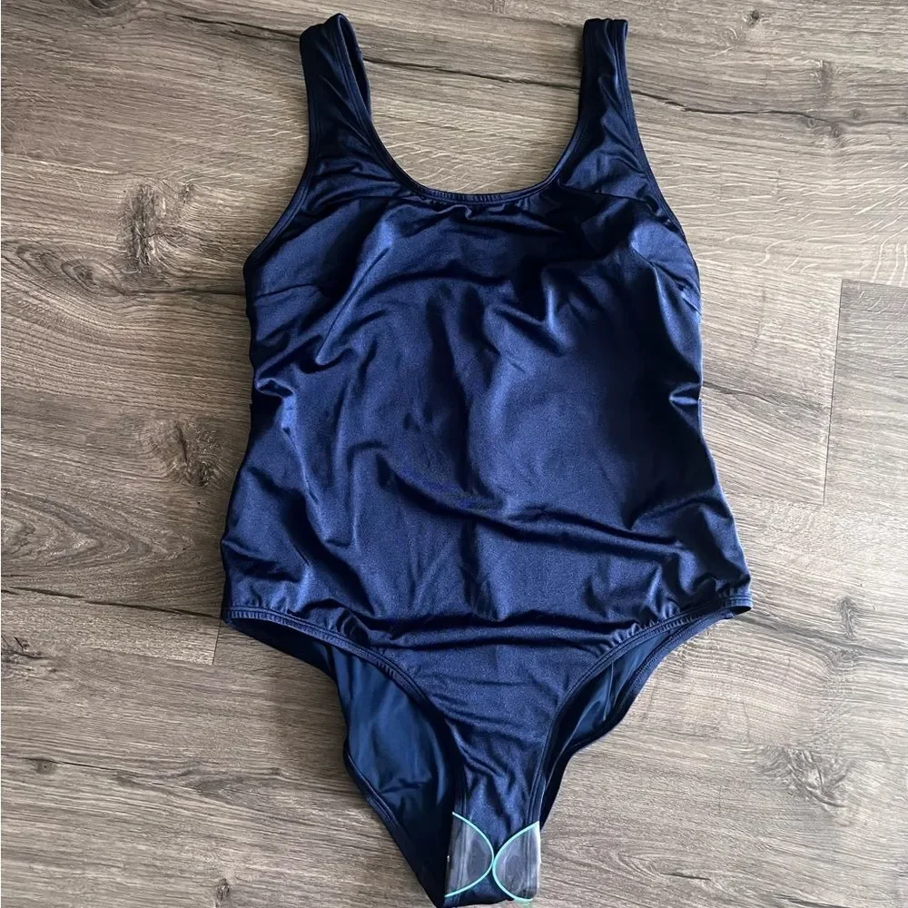 Wolf & Whistle Navy Belted Plunge Swimsuit Curve size 14